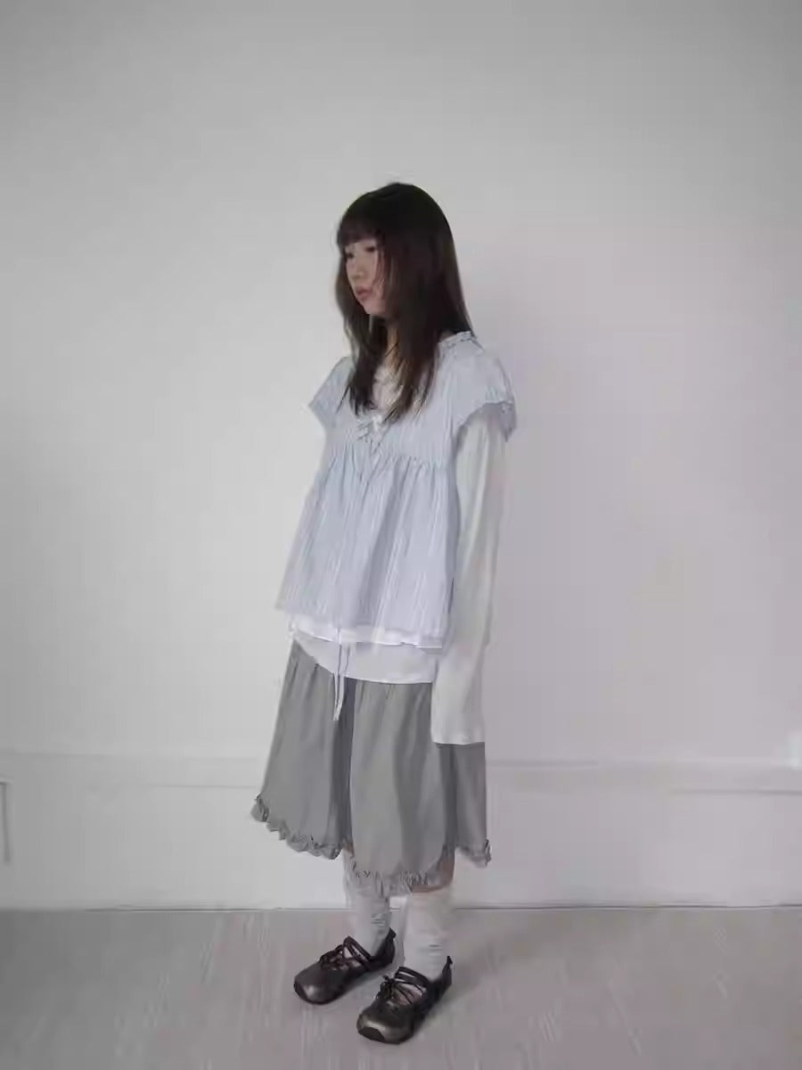 3months | Korean Loose V-Neck Striped Patchwork Summer Design Shirt [ID:]