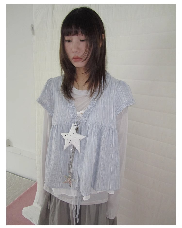 3months | Korean Loose V-Neck Striped Patchwork Summer Design Shirt [ID:]