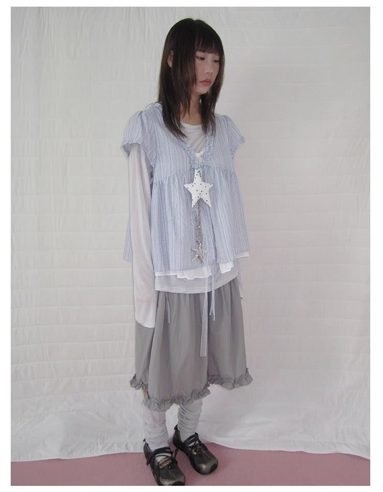 3months | Korean Loose V-Neck Striped Patchwork Summer Design Shirt [ID:]