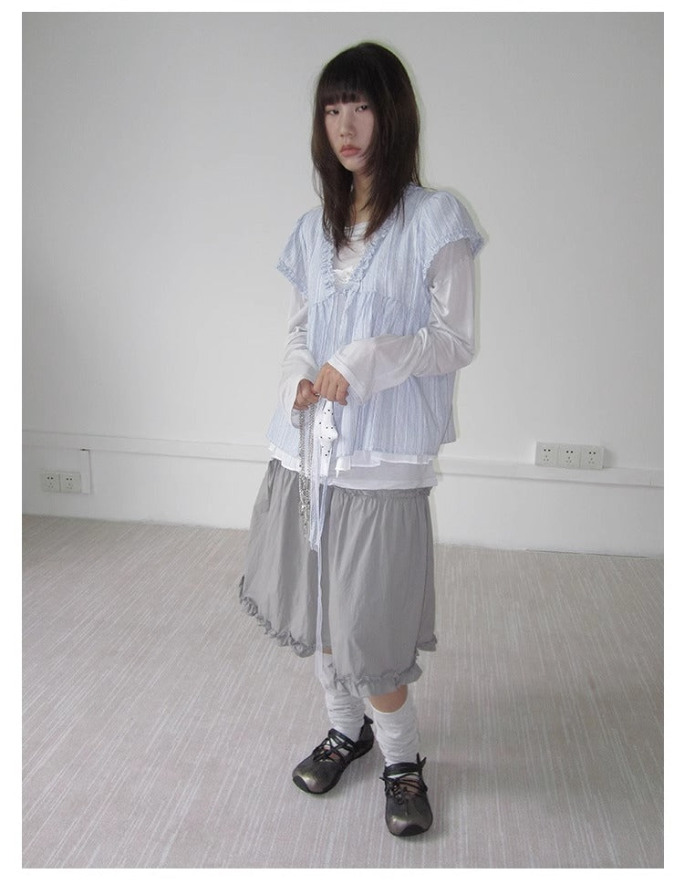 3months | Korean Loose V-Neck Striped Patchwork Summer Design Shirt [ID:]