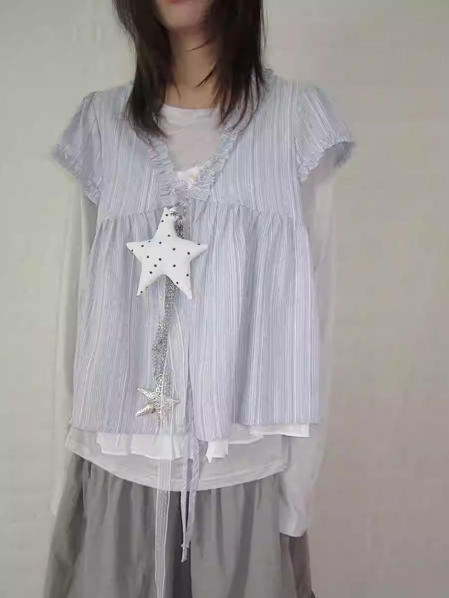 3months | Korean Loose V-Neck Striped Patchwork Summer Design Shirt [ID:]