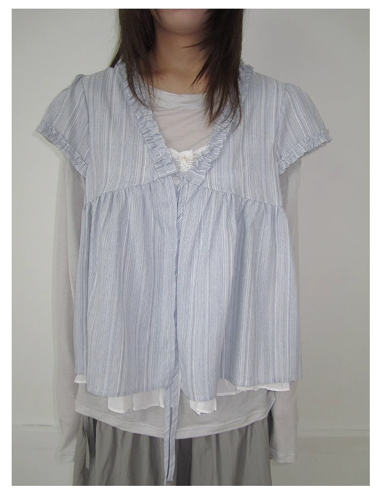 3months | Korean Loose V-Neck Striped Patchwork Summer Design Shirt [ID:]