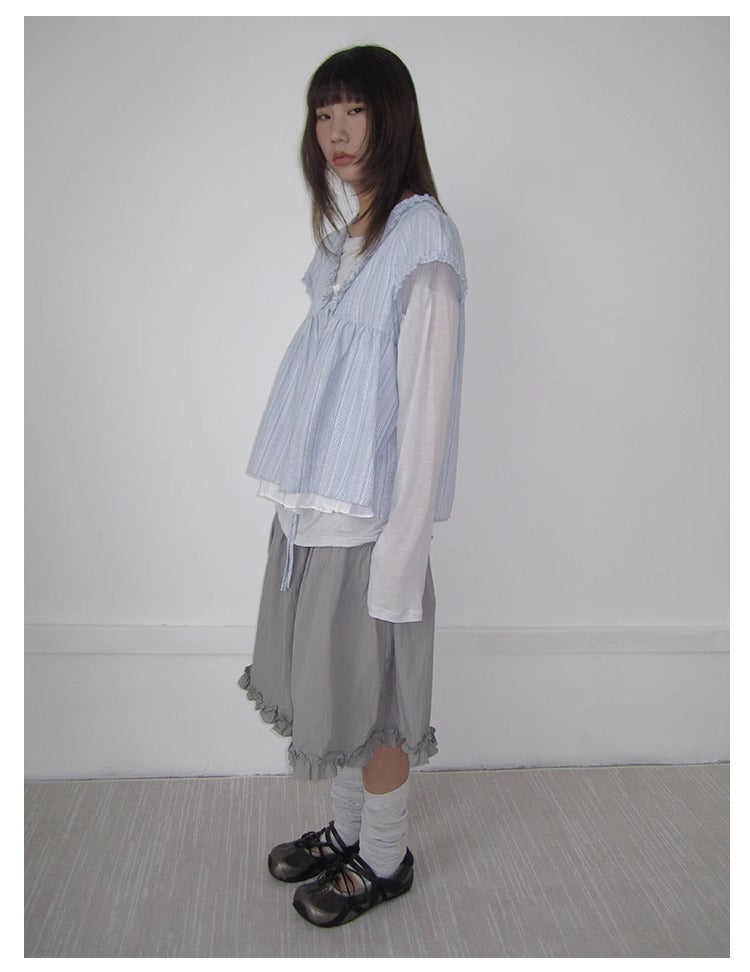 3months | Korean Loose V-Neck Striped Patchwork Summer Design Shirt [ID:]