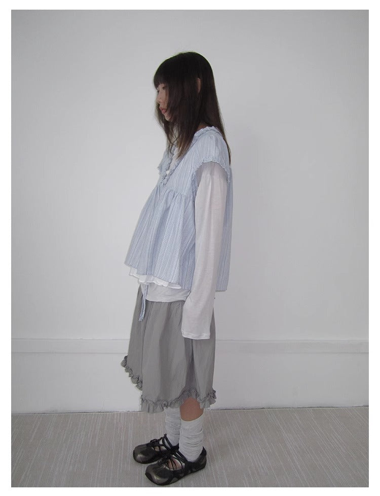 3months | Korean Loose V-Neck Striped Patchwork Summer Design Shirt [ID:]