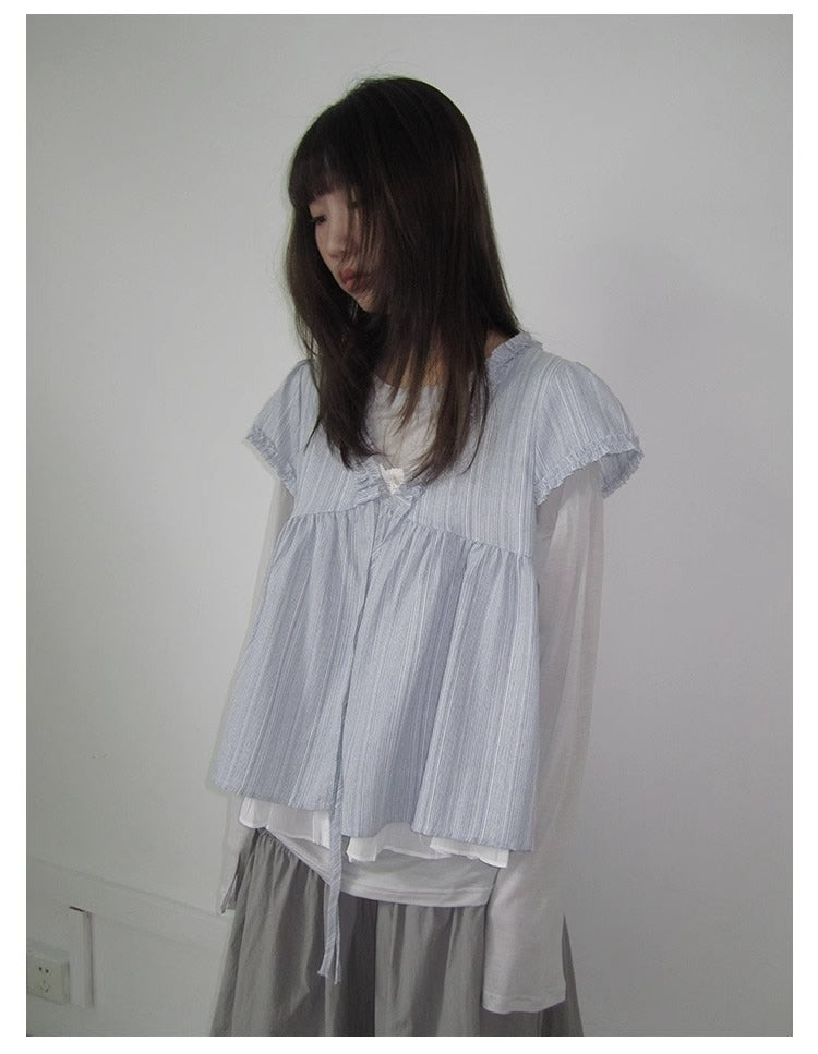 3months | Korean Loose V-Neck Striped Patchwork Summer Design Shirt [ID:]