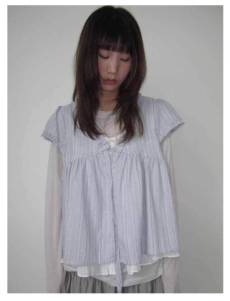 3months | Korean Loose V-Neck Striped Patchwork Summer Design Shirt [ID:]