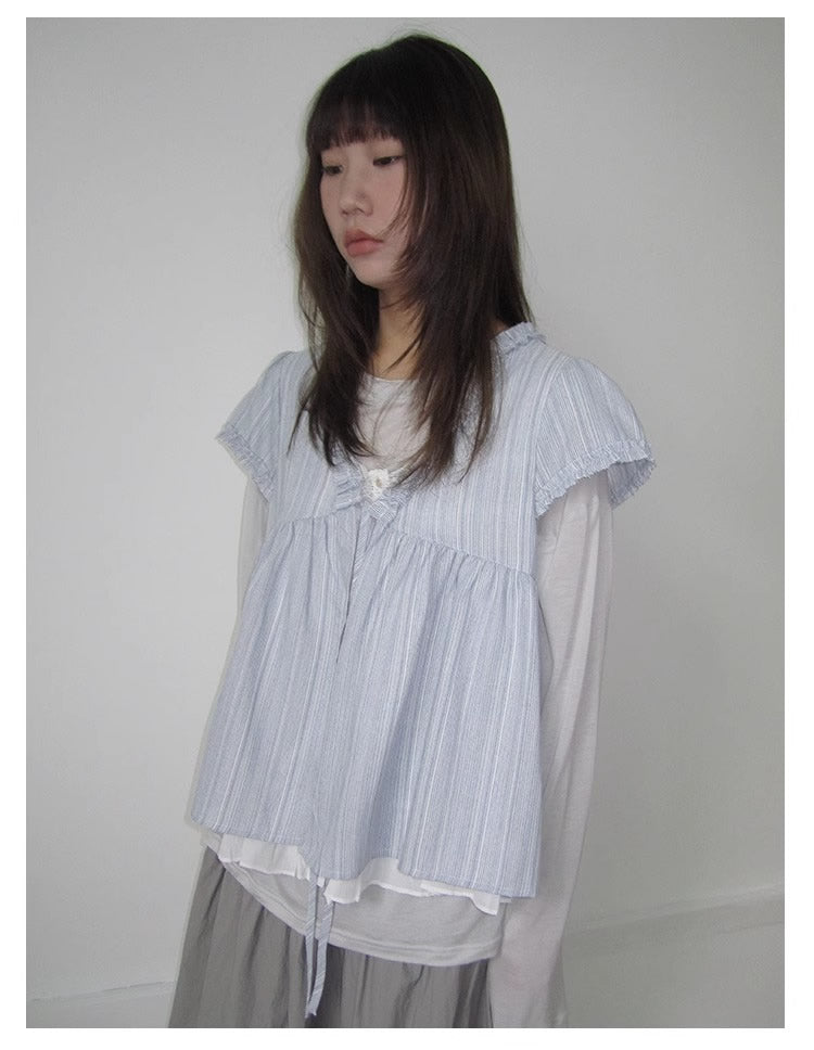 3months | Korean Loose V-Neck Striped Patchwork Summer Design Shirt [ID:]