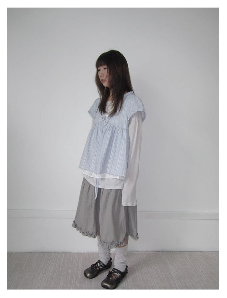 3months | Korean Loose V-Neck Striped Patchwork Summer Design Shirt [ID:]