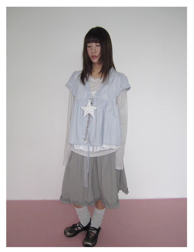 3months | Korean Loose V-Neck Striped Patchwork Summer Design Shirt [ID:]
