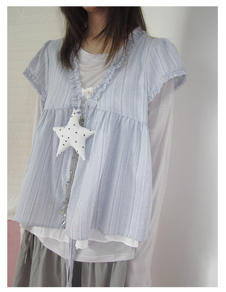 3months | Korean Loose V-Neck Striped Patchwork Summer Design Shirt [ID:]