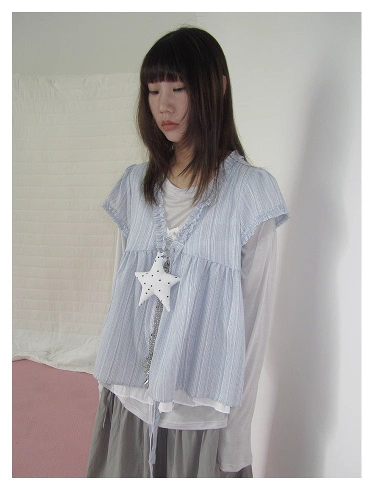 3months | Korean Loose V-Neck Striped Patchwork Summer Design Shirt [ID:]