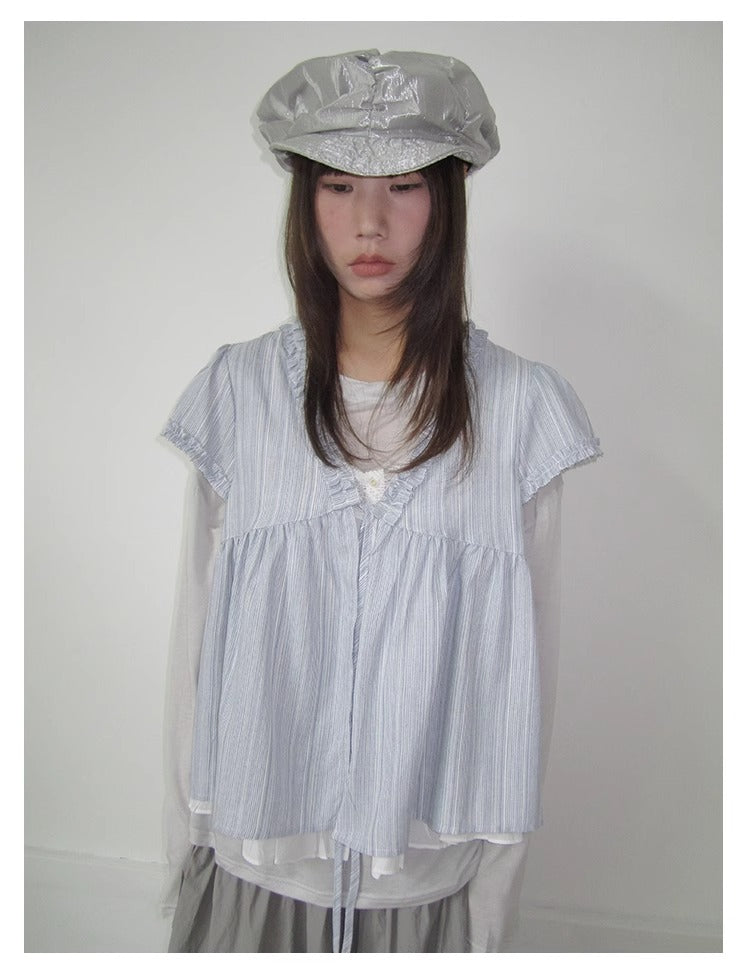 3months | Korean Loose V-Neck Striped Patchwork Summer Design Shirt [ID:]