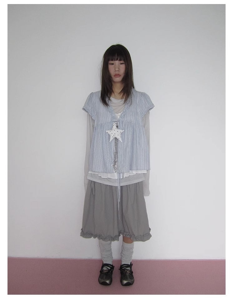 3months | Korean Loose V-Neck Striped Patchwork Summer Design Shirt [ID:]