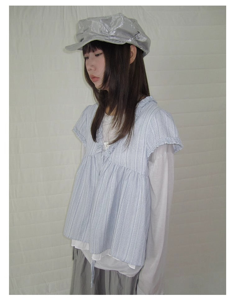 3months | Korean Loose V-Neck Striped Patchwork Summer Design Shirt [ID:]