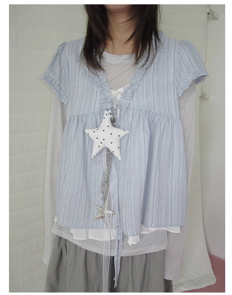 3months | Korean Loose V-Neck Striped Patchwork Summer Design Shirt [ID:]