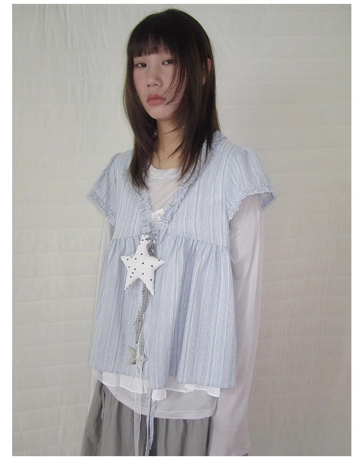 3months | Korean Loose V-Neck Striped Patchwork Summer Design Shirt [ID:]