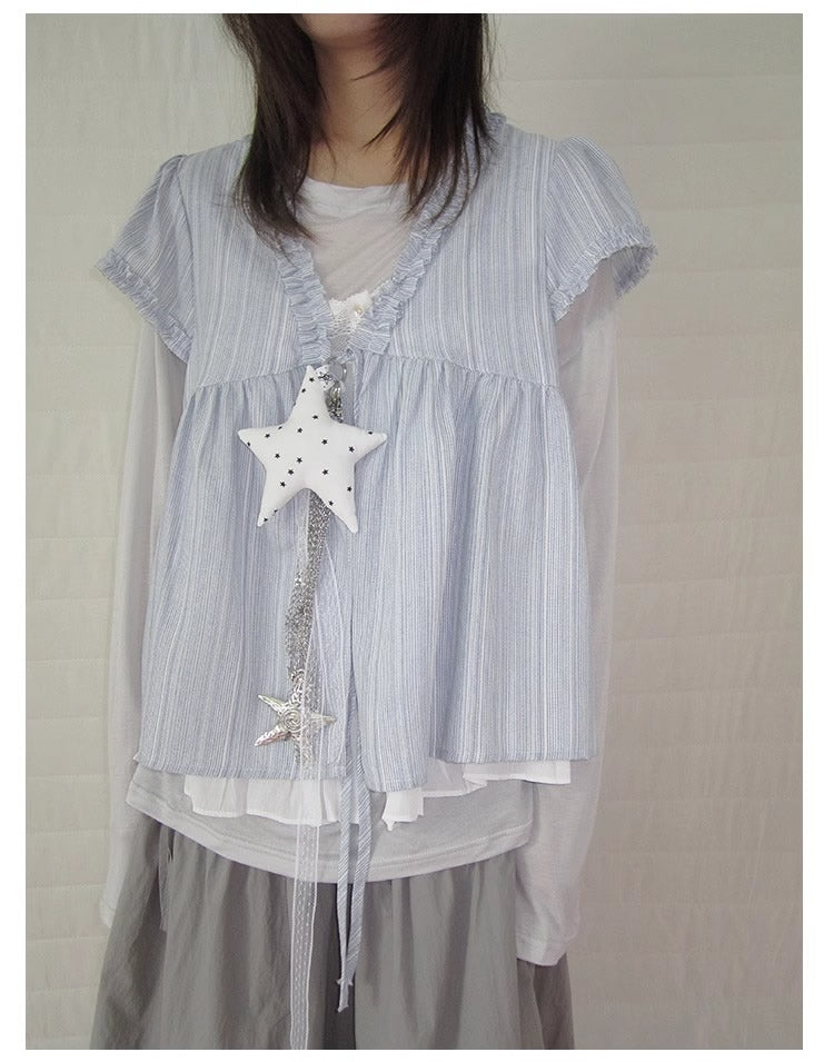 3months | Korean Loose V-Neck Striped Patchwork Summer Design Shirt [ID:]