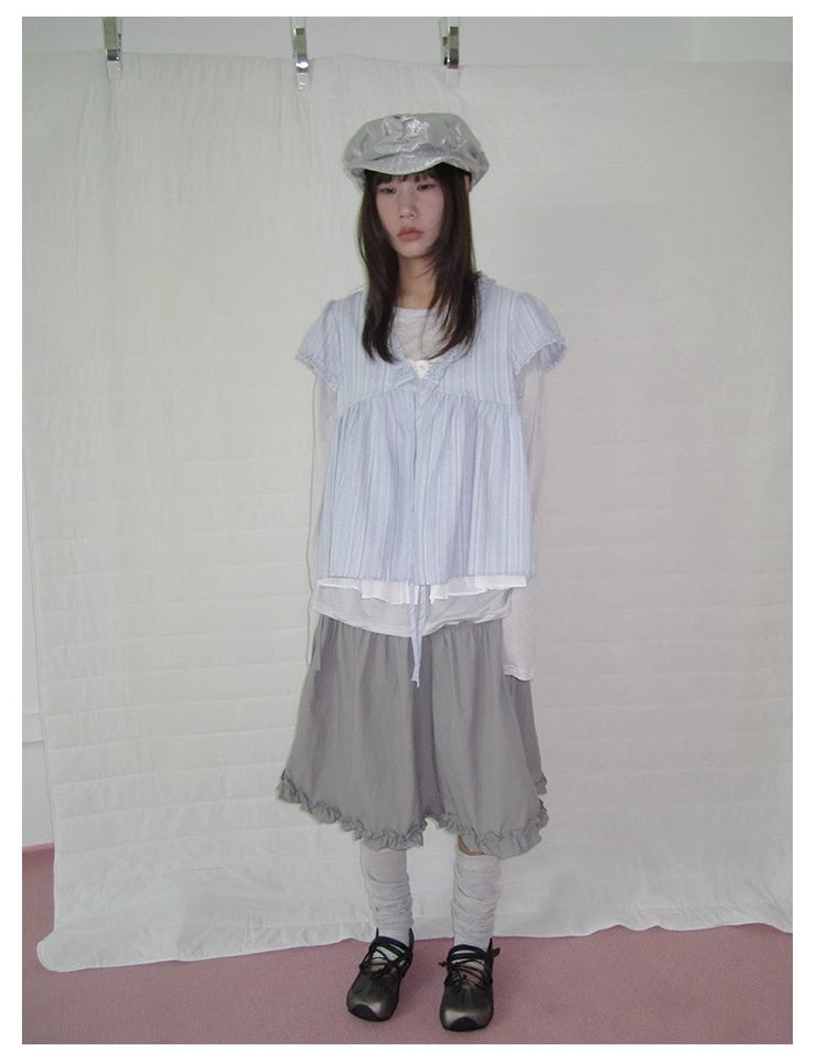 3months | Korean Loose V-Neck Striped Patchwork Summer Design Shirt [ID:]