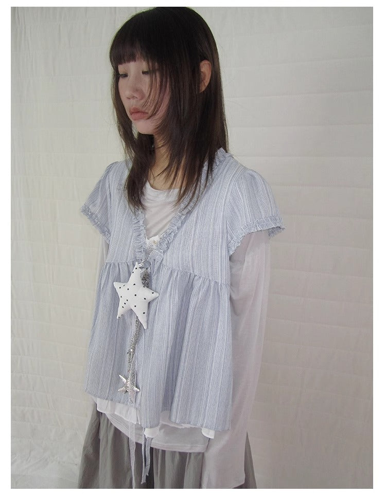 3months | Korean Loose V-Neck Striped Patchwork Summer Design Shirt [ID:]