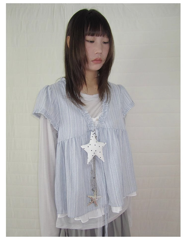 3months | Korean Loose V-Neck Striped Patchwork Summer Design Shirt [ID:]