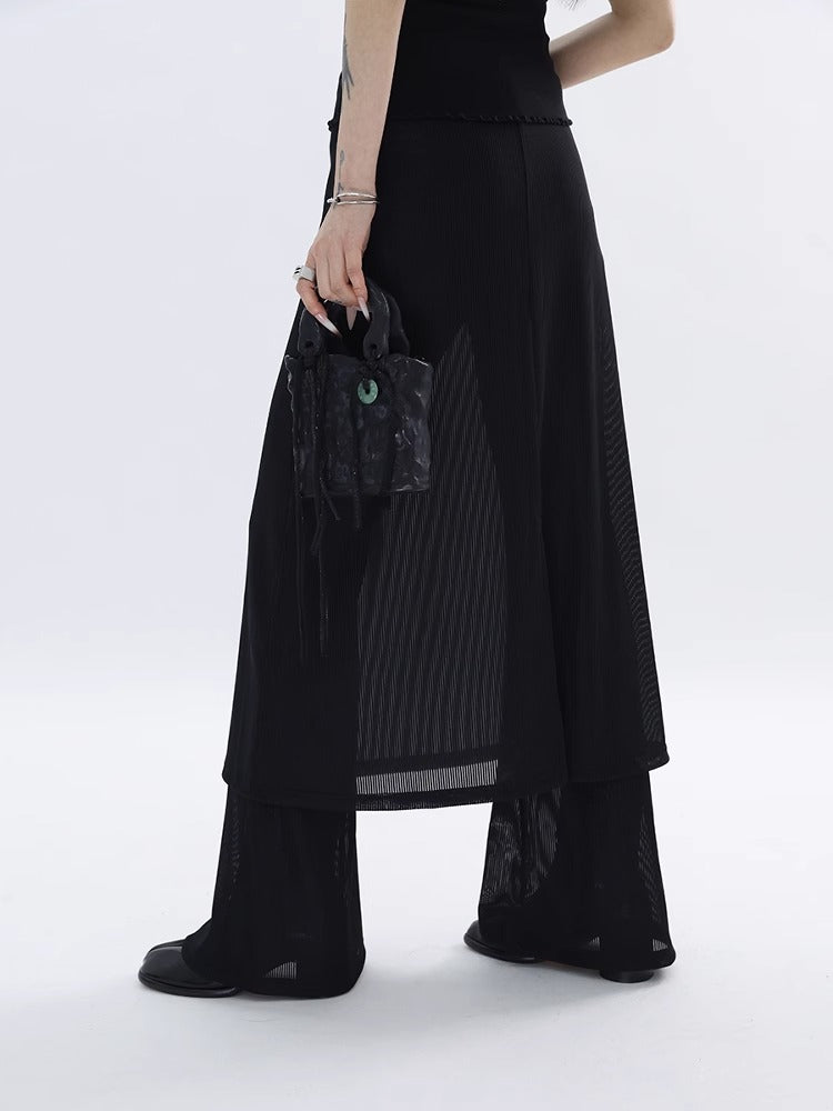 FUZZYKON | Minimalist Layered Drawstring Slim Flared See-through Pants Skirt [ID:]