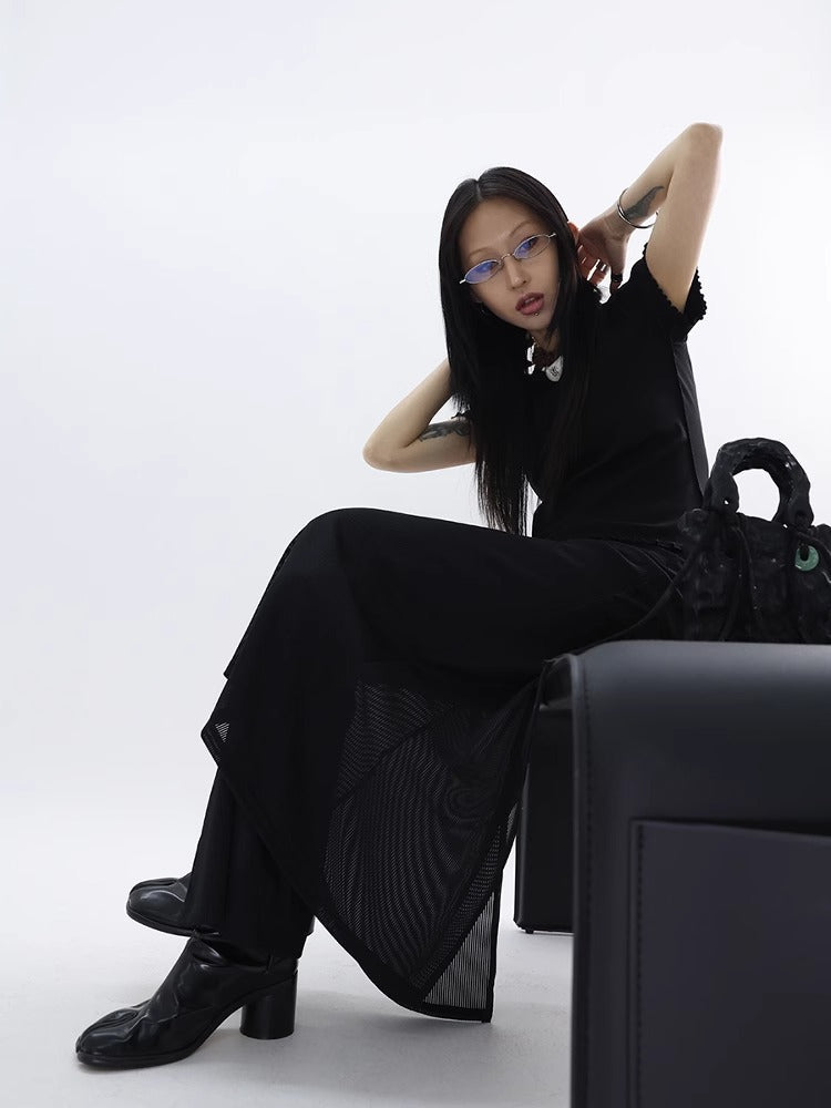 FUZZYKON | Minimalist Layered Drawstring Slim Flared See-through Pants Skirt [ID:]