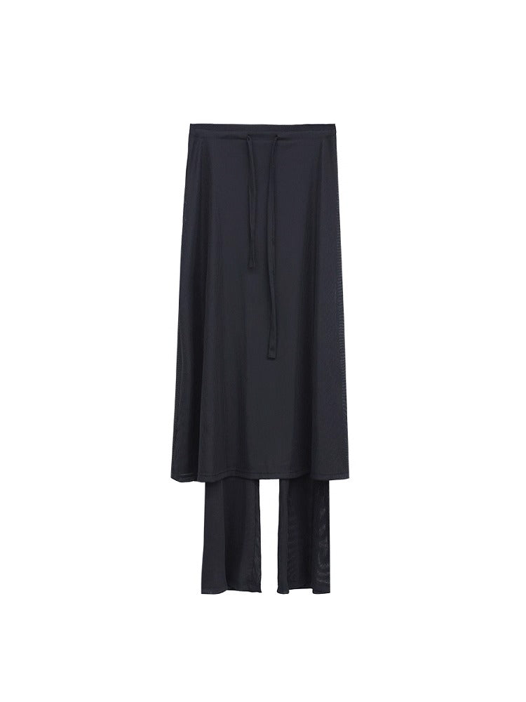 FUZZYKON | Minimalist Layered Drawstring Slim Flared See-through Pants Skirt [ID:]
