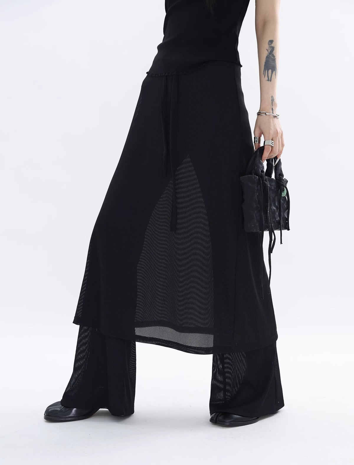FUZZYKON | Minimalist Layered Drawstring Slim Flared See-through Pants Skirt [ID:]