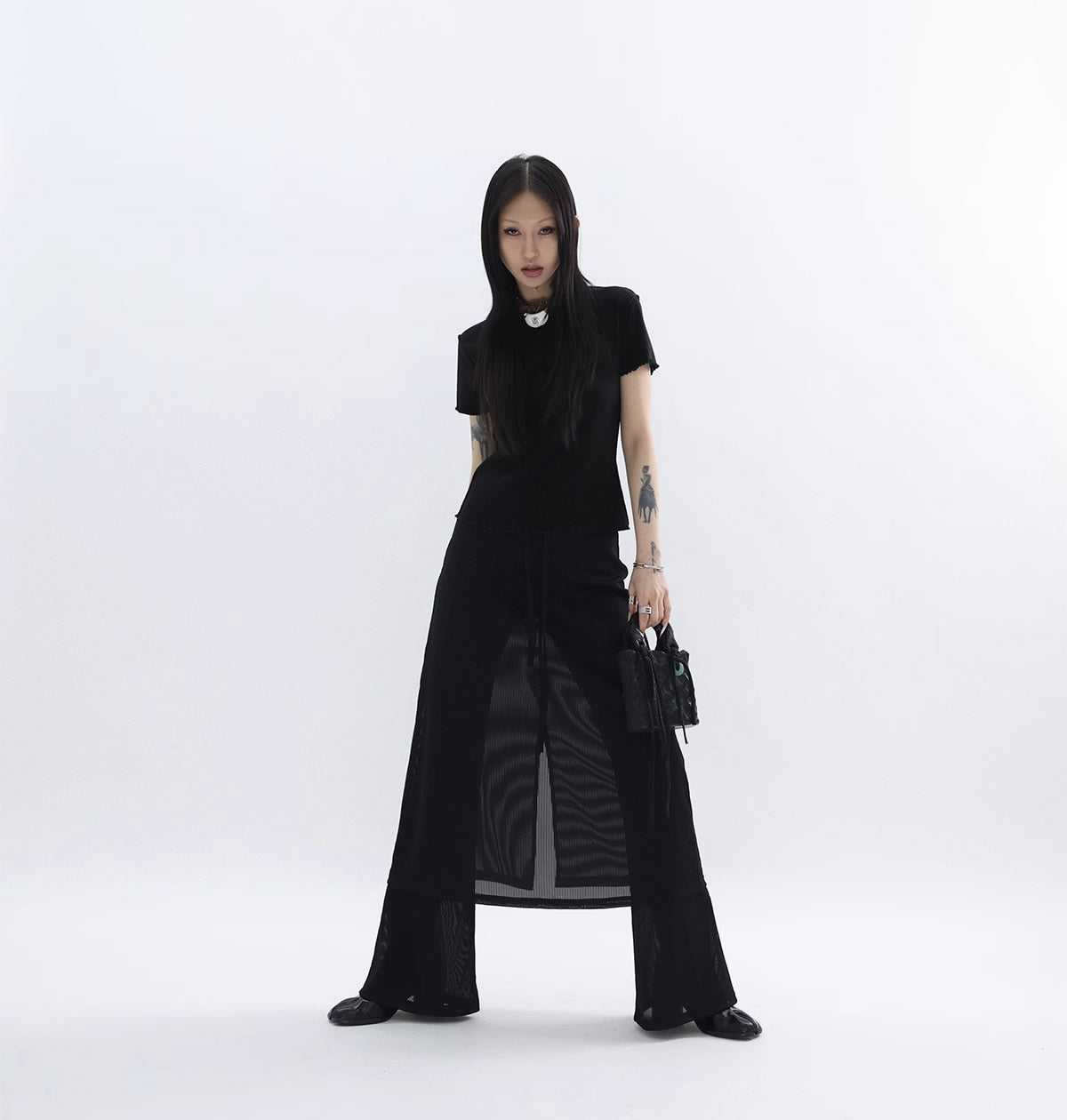 FUZZYKON | Minimalist Layered Drawstring Slim Flared See-through Pants Skirt [ID:]