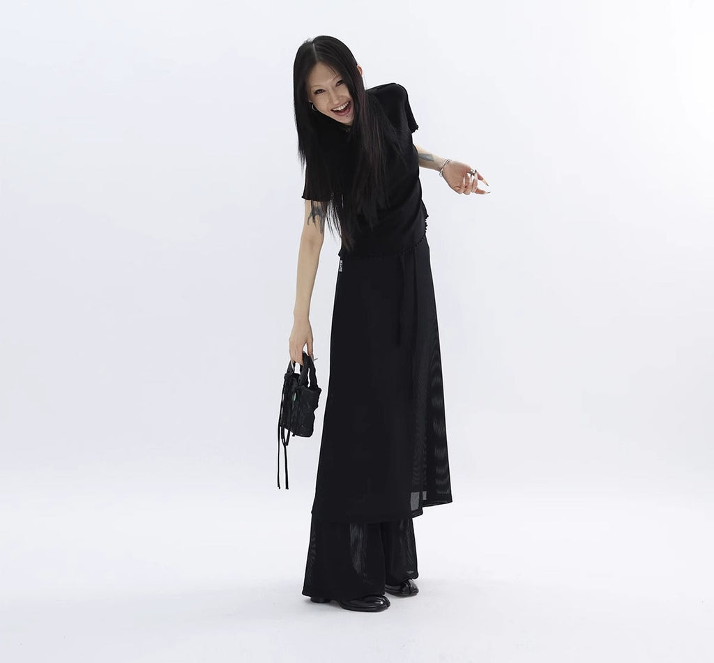 FUZZYKON | Minimalist Layered Drawstring Slim Flared See-through Pants Skirt [ID:]