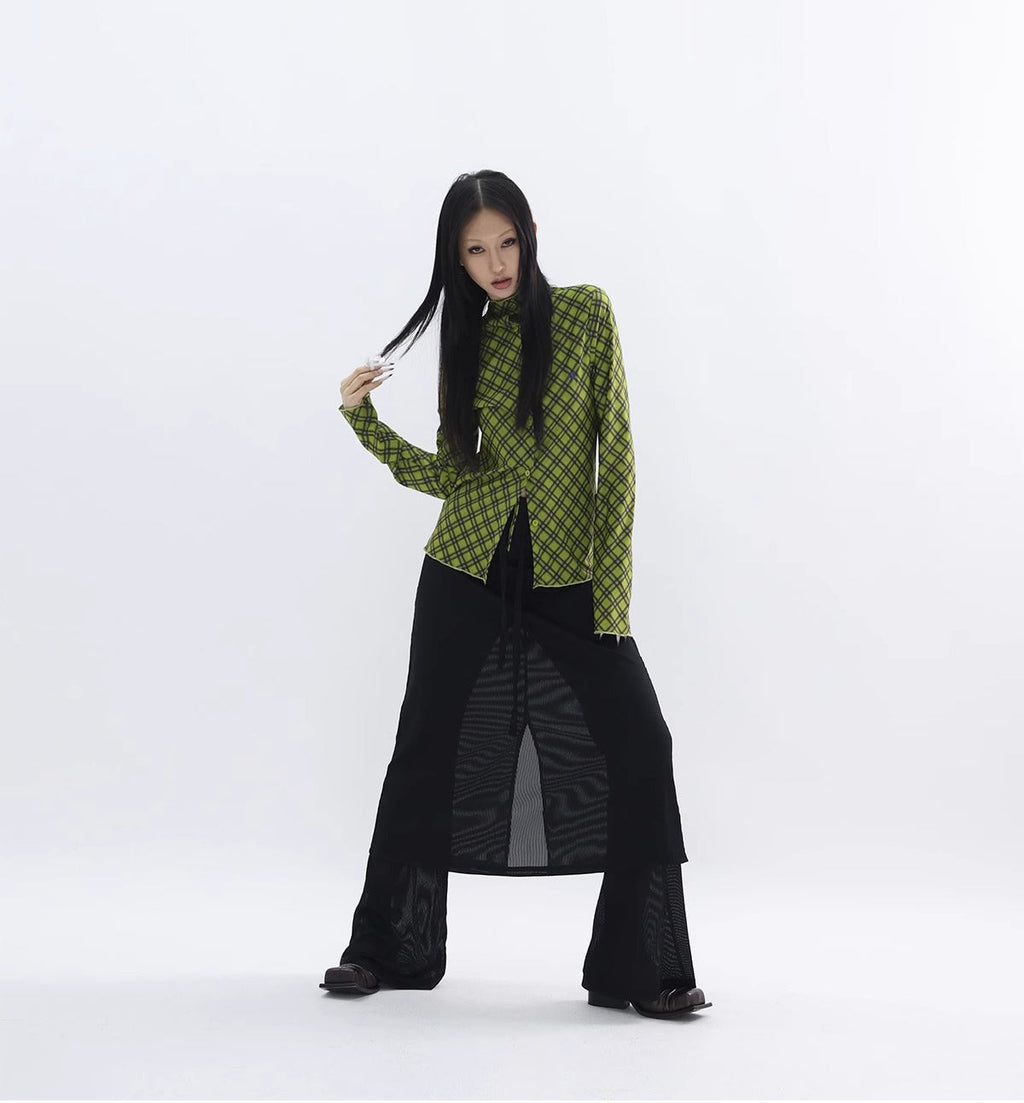 FUZZYKON | Minimalist Layered Drawstring Slim Flared See-through Pants Skirt [ID:]