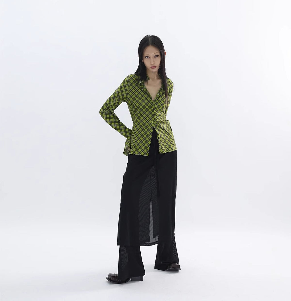 FUZZYKON | Minimalist Layered Drawstring Slim Flared See-through Pants Skirt [ID:]