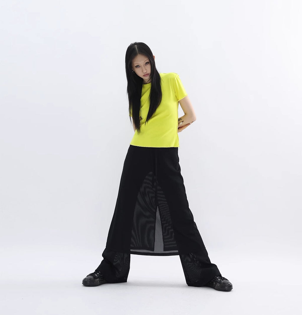 FUZZYKON | Minimalist Layered Drawstring Slim Flared See-through Pants Skirt [ID:]
