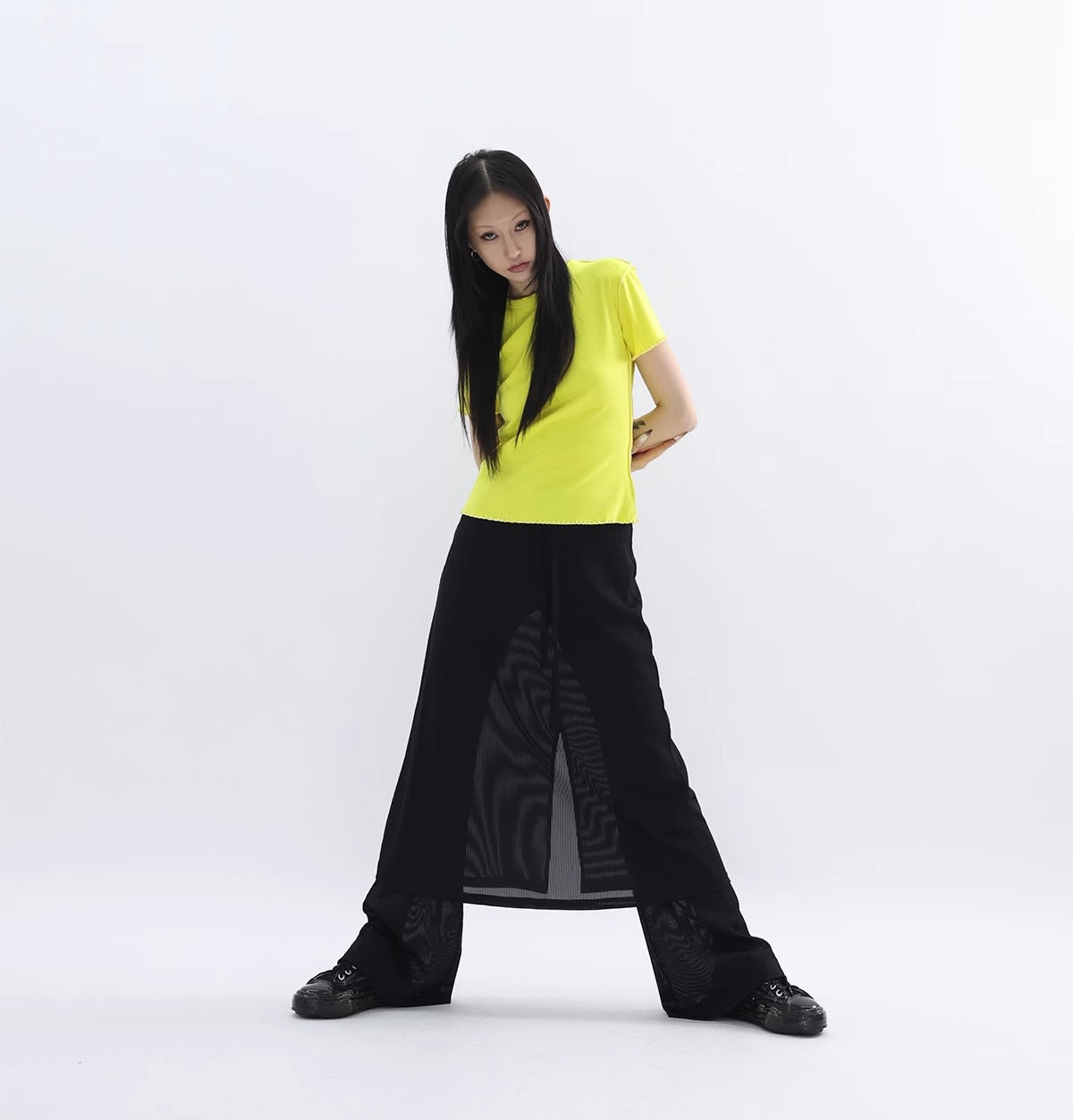 FUZZYKON | Minimalist Layered Drawstring Slim Flared See-through Pants Skirt [ID:]