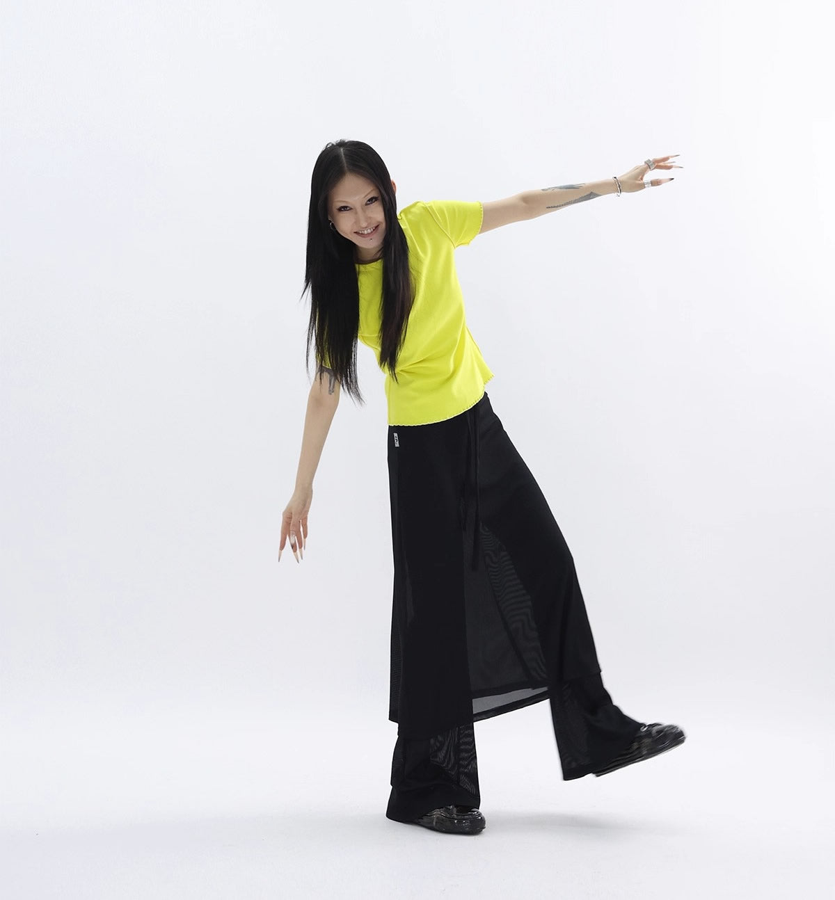 FUZZYKON | Minimalist Layered Drawstring Slim Flared See-through Pants Skirt [ID:]