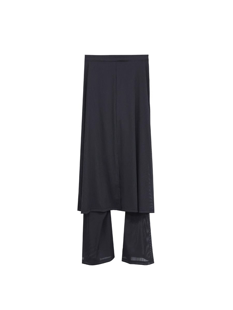 FUZZYKON | Minimalist Layered Drawstring Slim Flared See-through Pants Skirt [ID:]