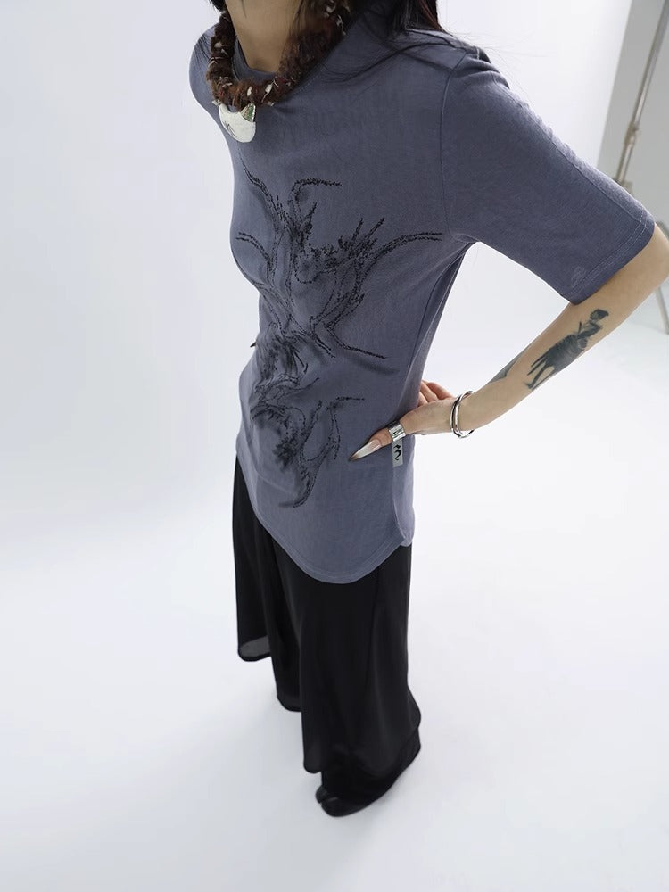 FUZZYKON | Original Abstract Print Waist-Defined Snow Cotton Short Sleeve T-Shirt [ID:]