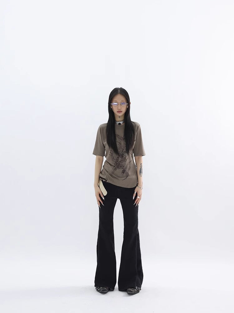 FUZZYKON | Original Abstract Print Waist-Defined Snow Cotton Short Sleeve T-Shirt [ID:]