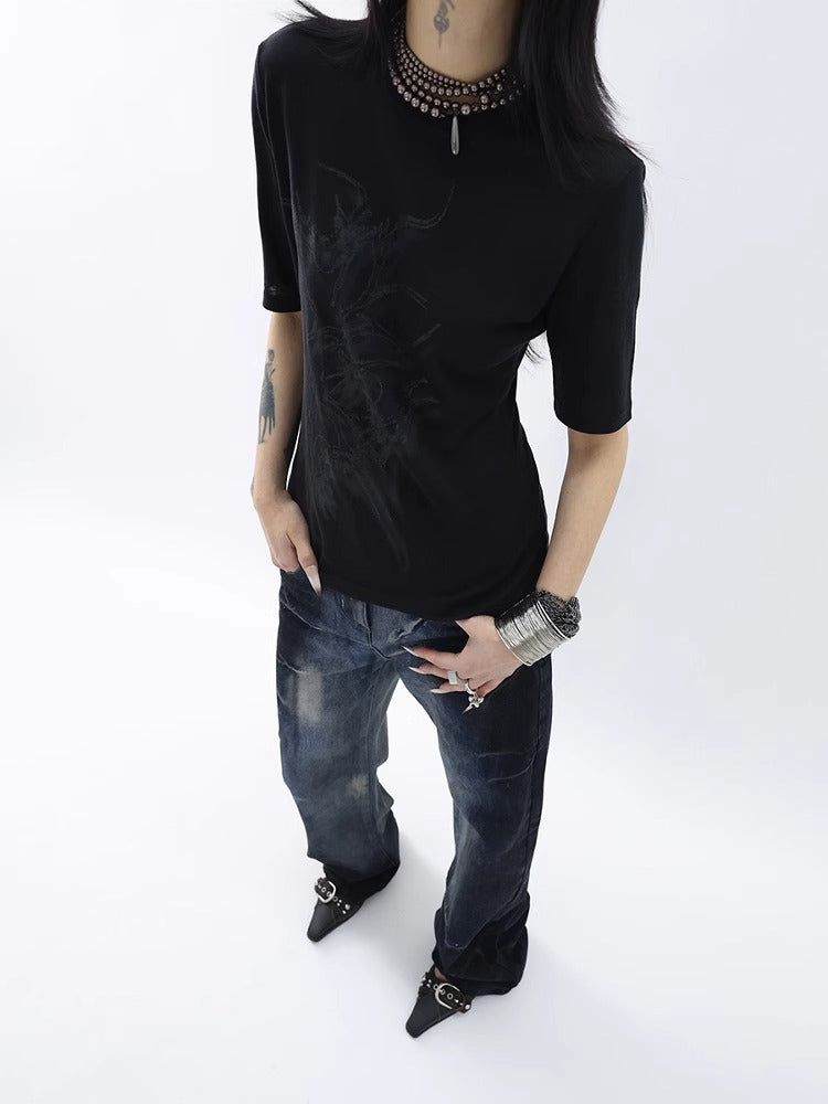 FUZZYKON | Original Abstract Print Waist-Defined Snow Cotton Short Sleeve T-Shirt [ID:]