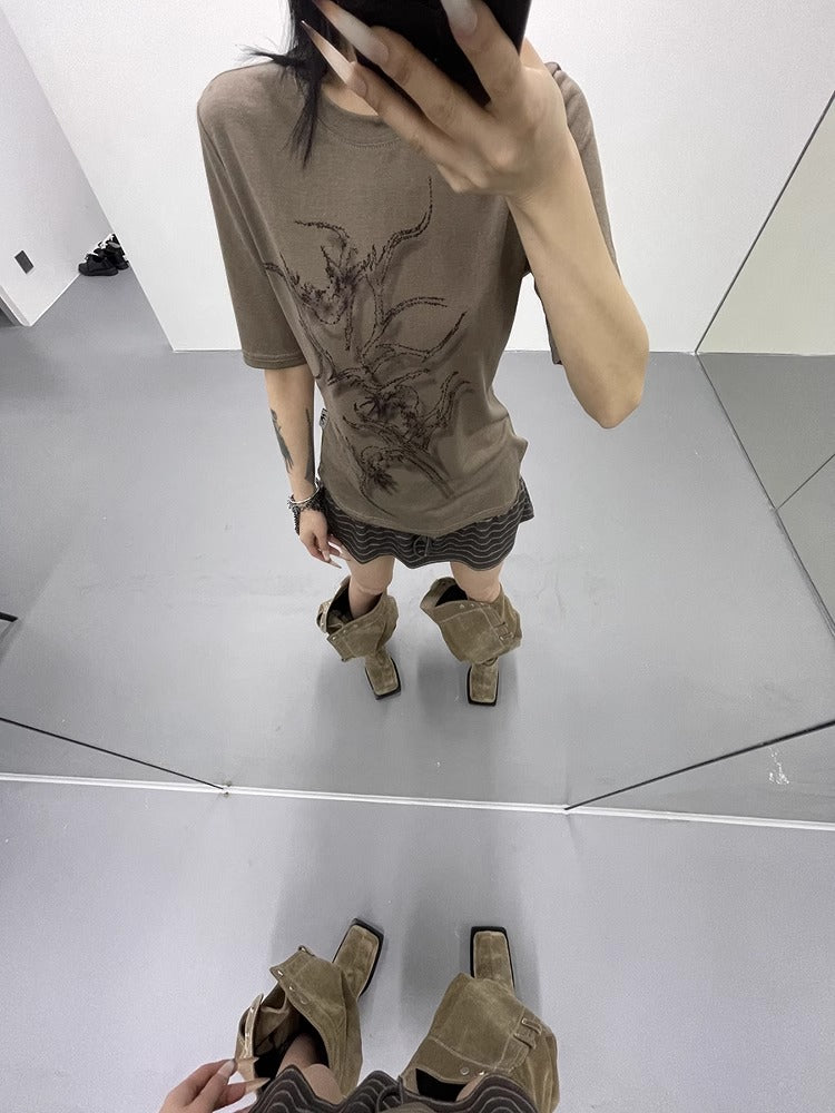 FUZZYKON | Original Abstract Print Waist-Defined Snow Cotton Short Sleeve T-Shirt [ID:]