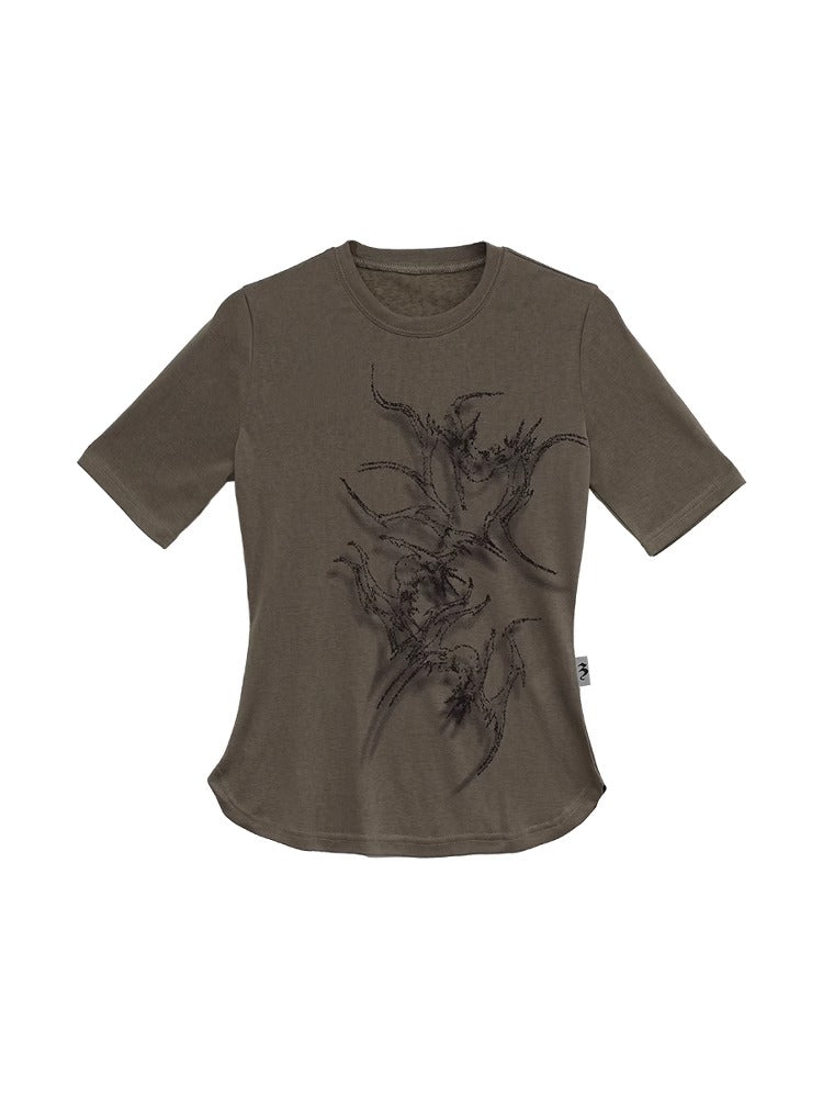 FUZZYKON | Original Abstract Print Waist-Defined Snow Cotton Short Sleeve T-Shirt [ID:]