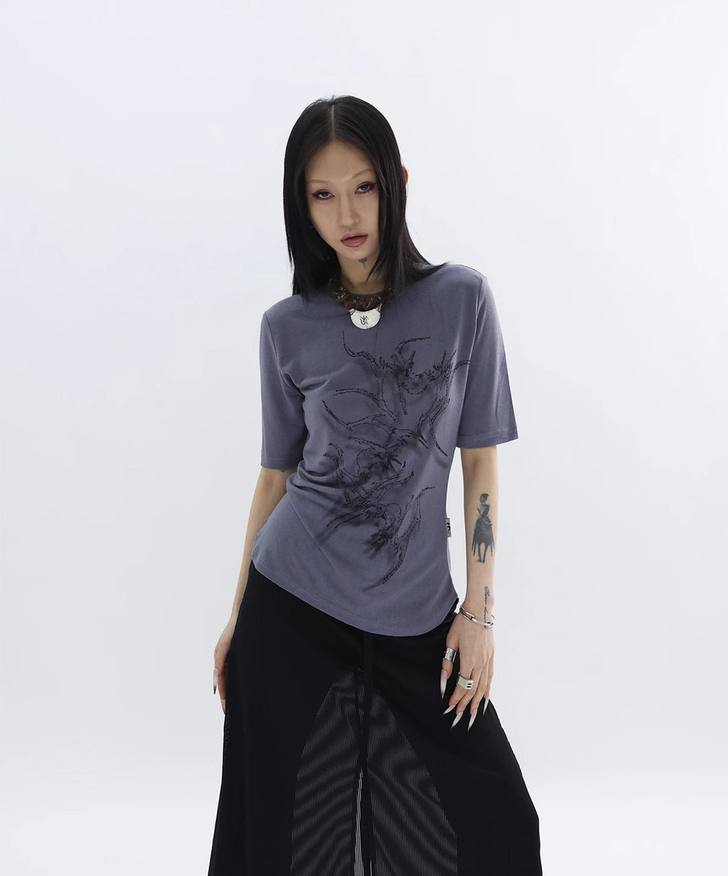 FUZZYKON | Original Abstract Print Waist-Defined Snow Cotton Short Sleeve T-Shirt [ID:]