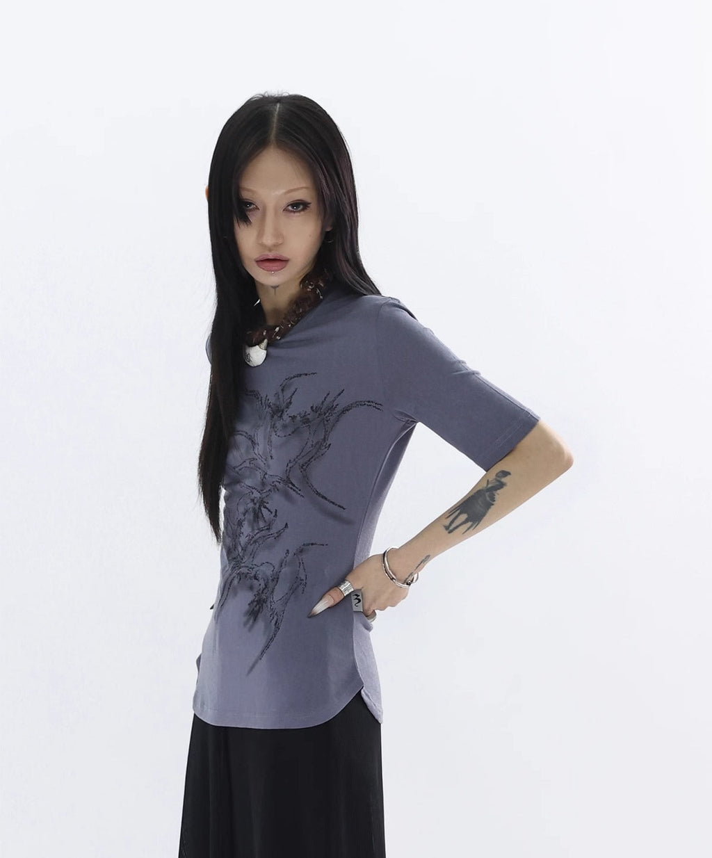 FUZZYKON | Original Abstract Print Waist-Defined Snow Cotton Short Sleeve T-Shirt [ID:]