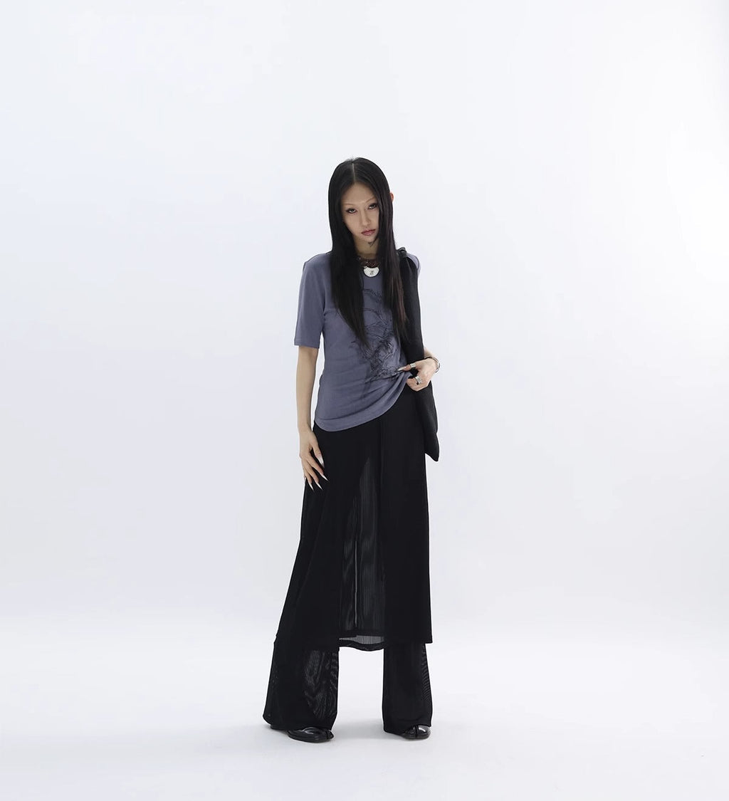 FUZZYKON | Original Abstract Print Waist-Defined Snow Cotton Short Sleeve T-Shirt [ID:]