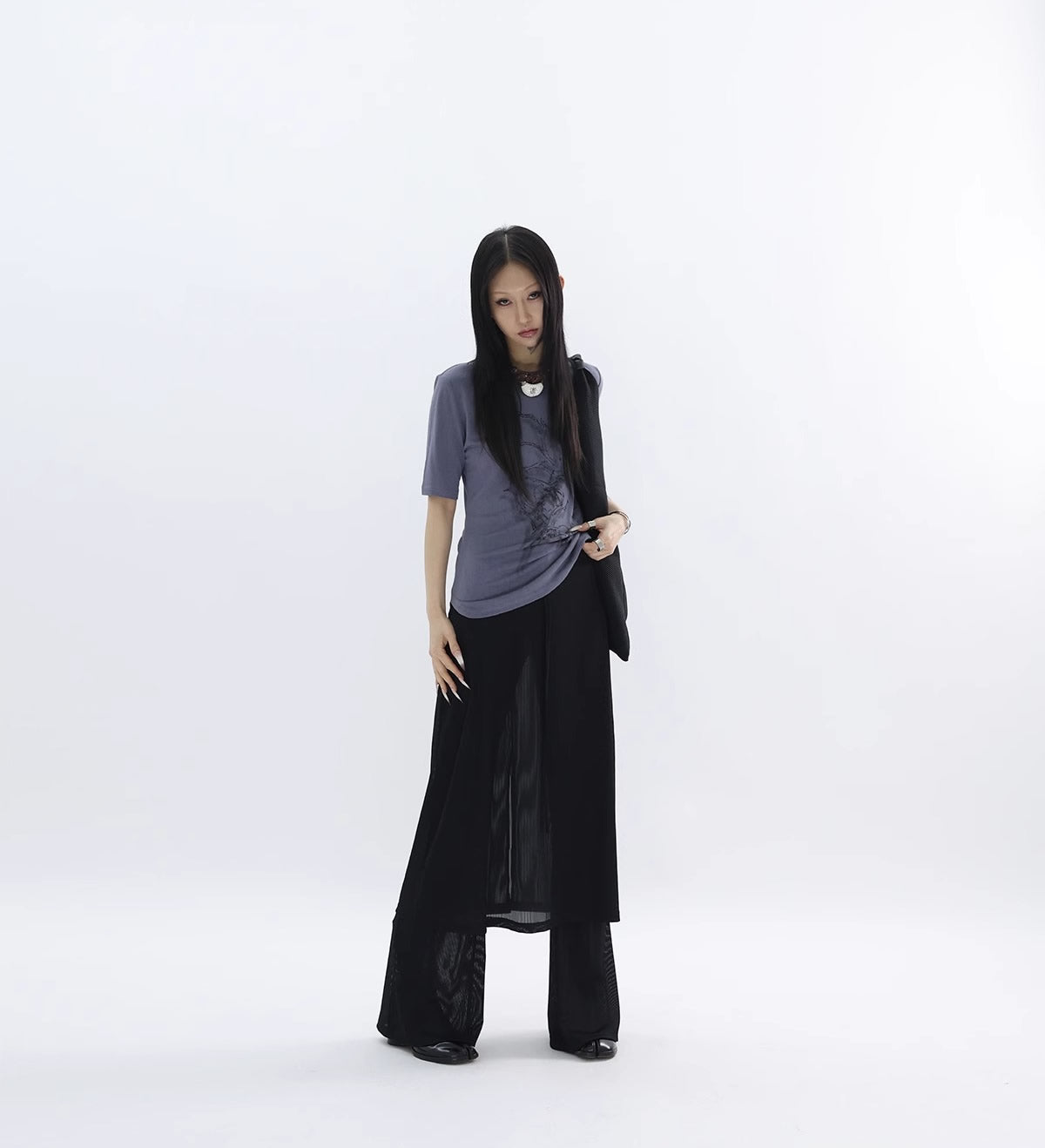 FUZZYKON | Original Abstract Print Waist-Defined Snow Cotton Short Sleeve T-Shirt [ID:]