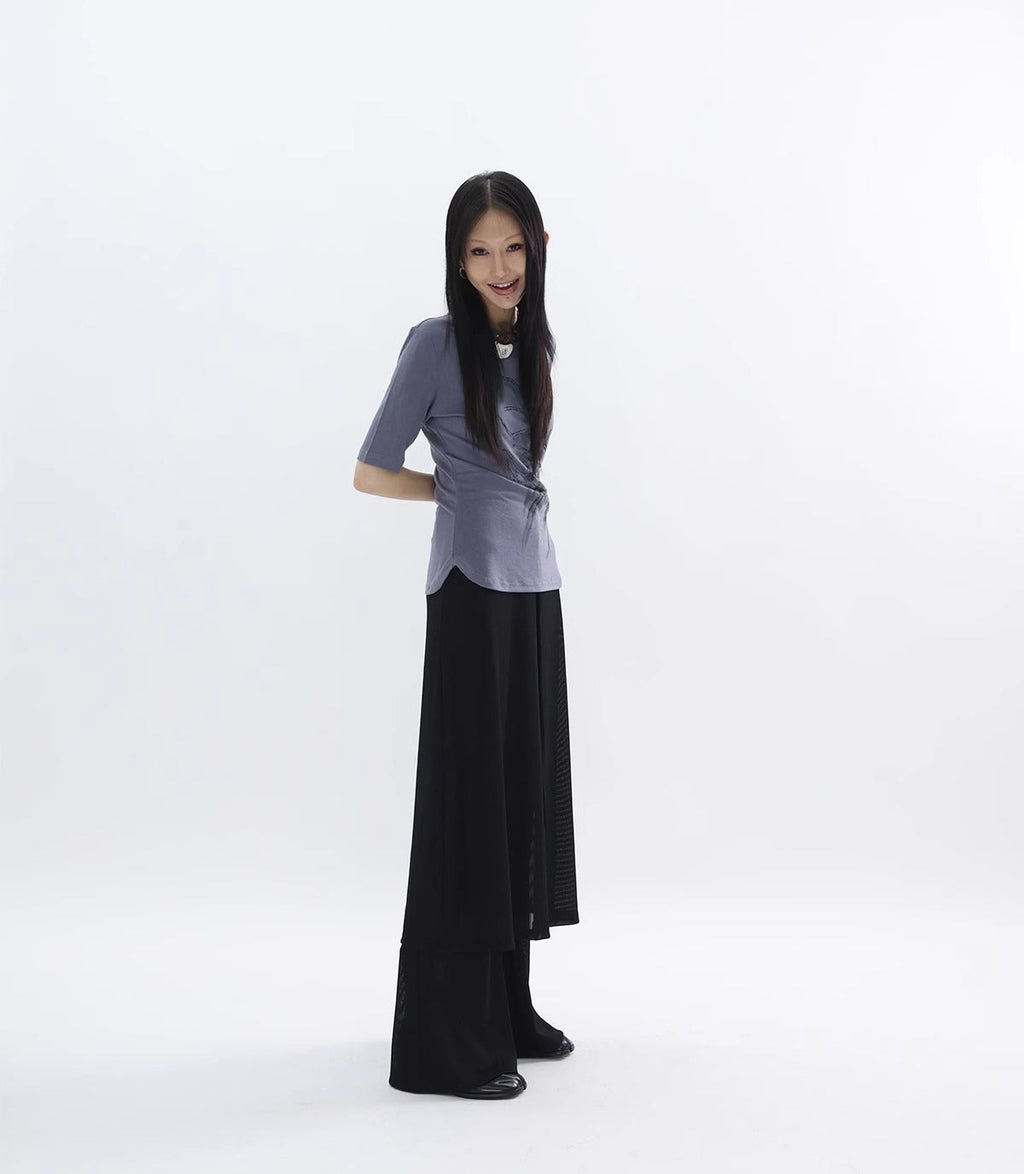 FUZZYKON | Original Abstract Print Waist-Defined Snow Cotton Short Sleeve T-Shirt [ID:]