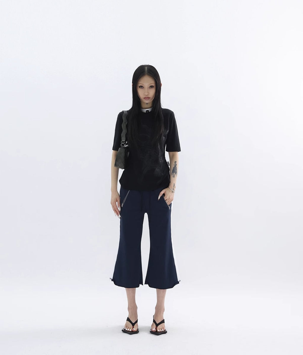 FUZZYKON | Original Abstract Print Waist-Defined Snow Cotton Short Sleeve T-Shirt [ID:]