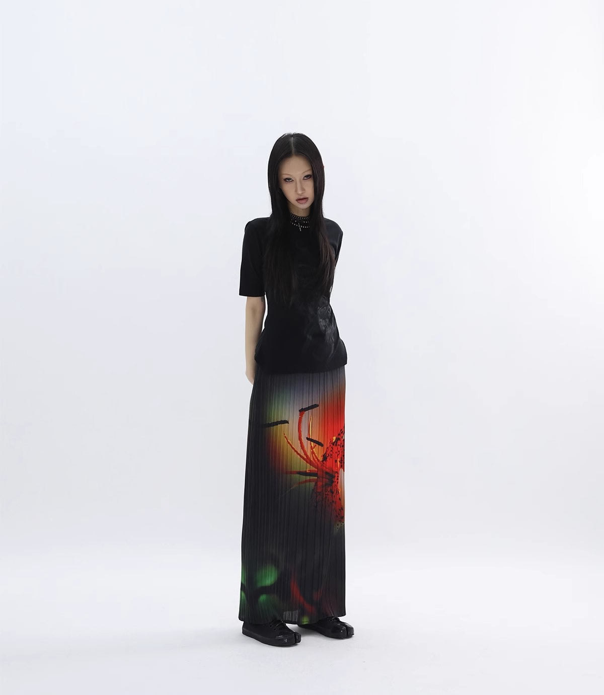 FUZZYKON | Original Abstract Print Waist-Defined Snow Cotton Short Sleeve T-Shirt [ID:]