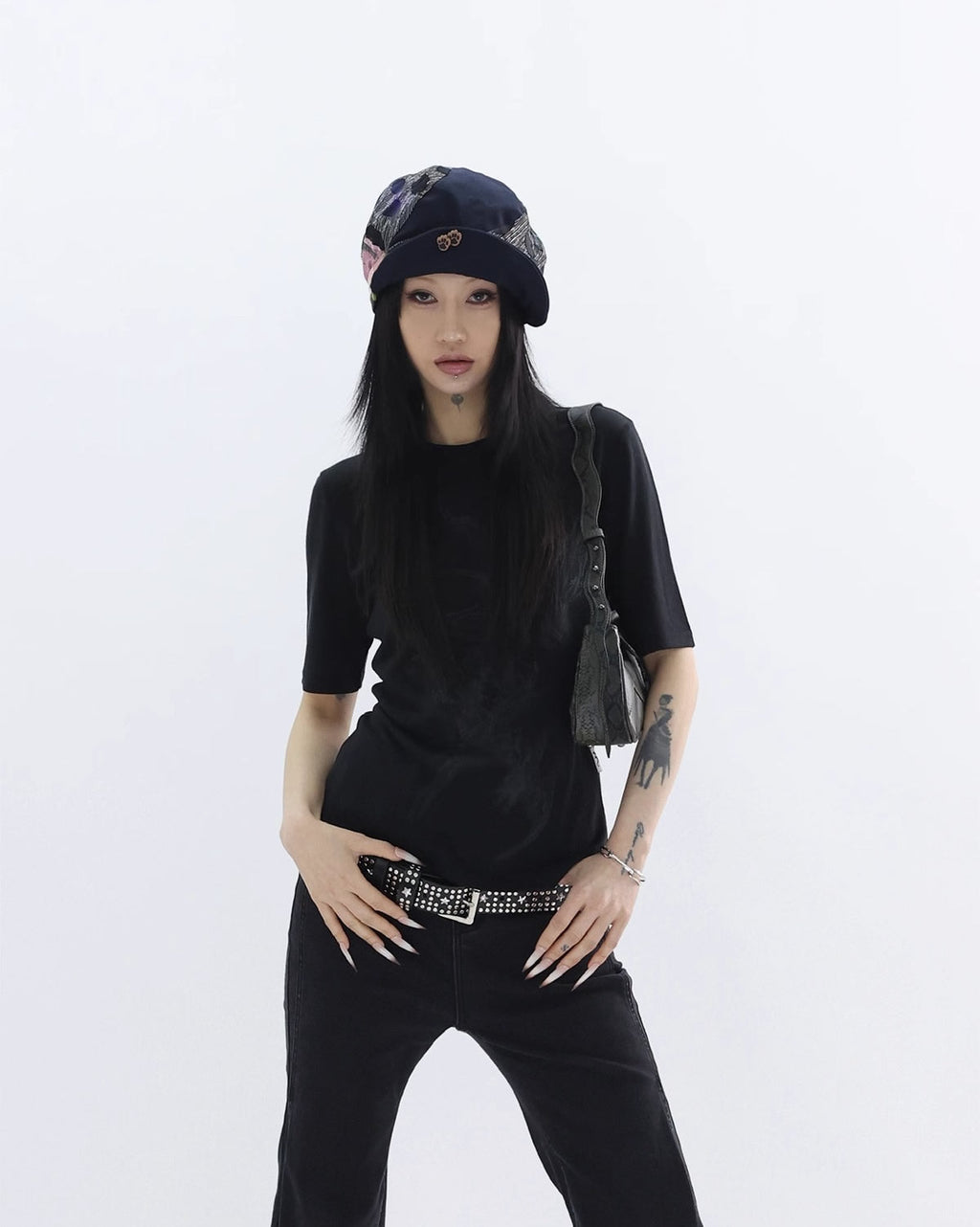 FUZZYKON | Original Abstract Print Waist-Defined Snow Cotton Short Sleeve T-Shirt [ID:]