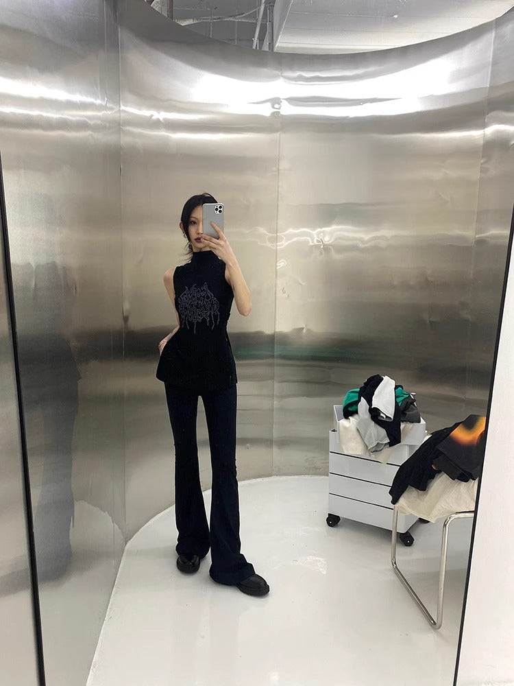 FUZZYKON | Black High Elastic Slimming Shaping Flared Tall Petite Pants [ID:]